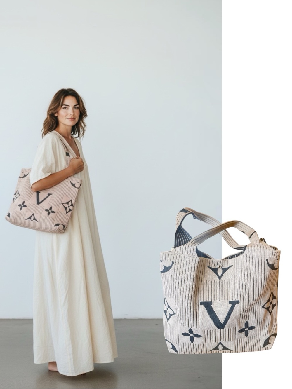 🤍 NWT Oversized Knit Tote Bag | Cream & Black designer inspired | Travel beach